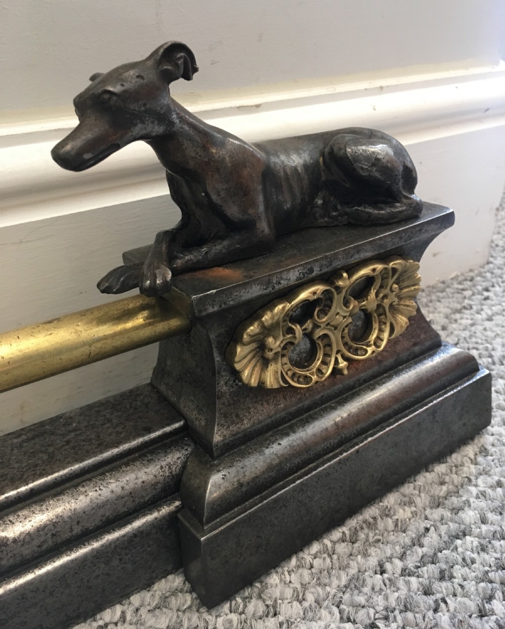 Antique Iron and Brass Extending Fire Fender with Greyhound Mounts View IV