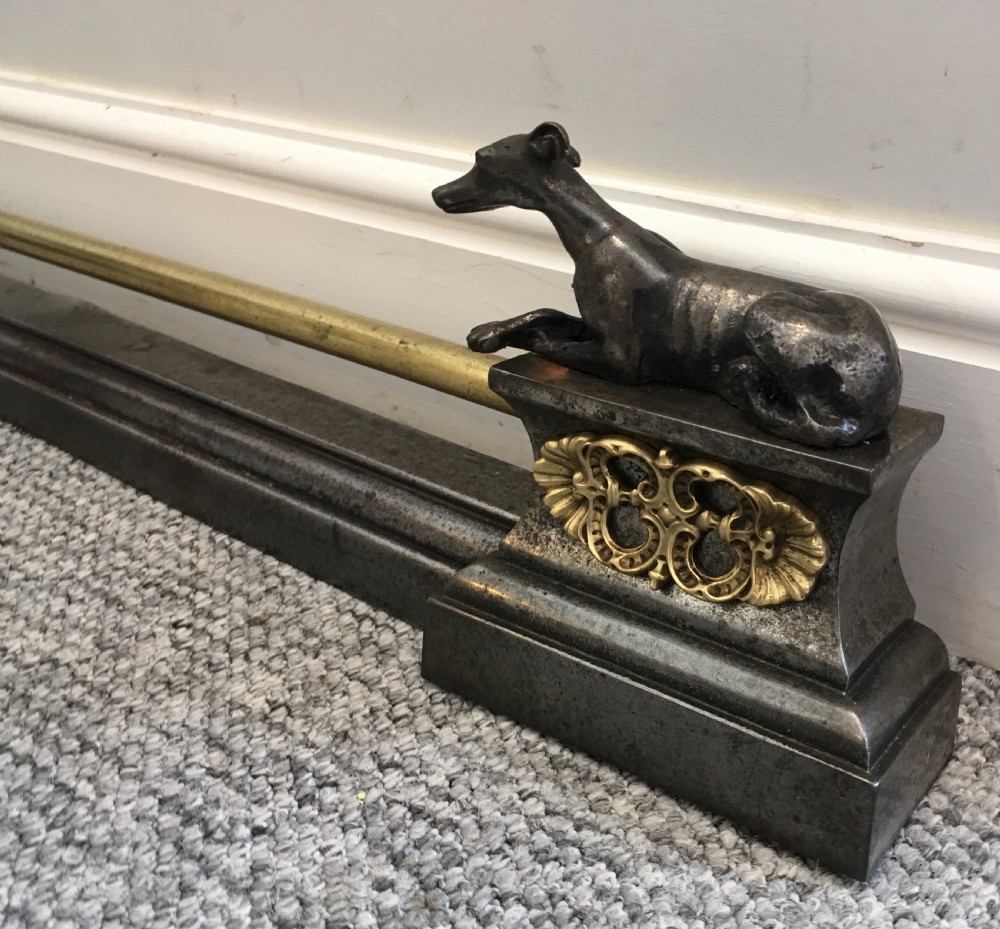 Antique Iron and Brass Extending Fire Fender with Greyhound Mounts View V