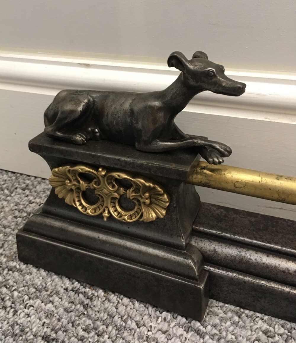 Antique Iron and Brass Extending Fire Fender with Greyhound Mounts View VII