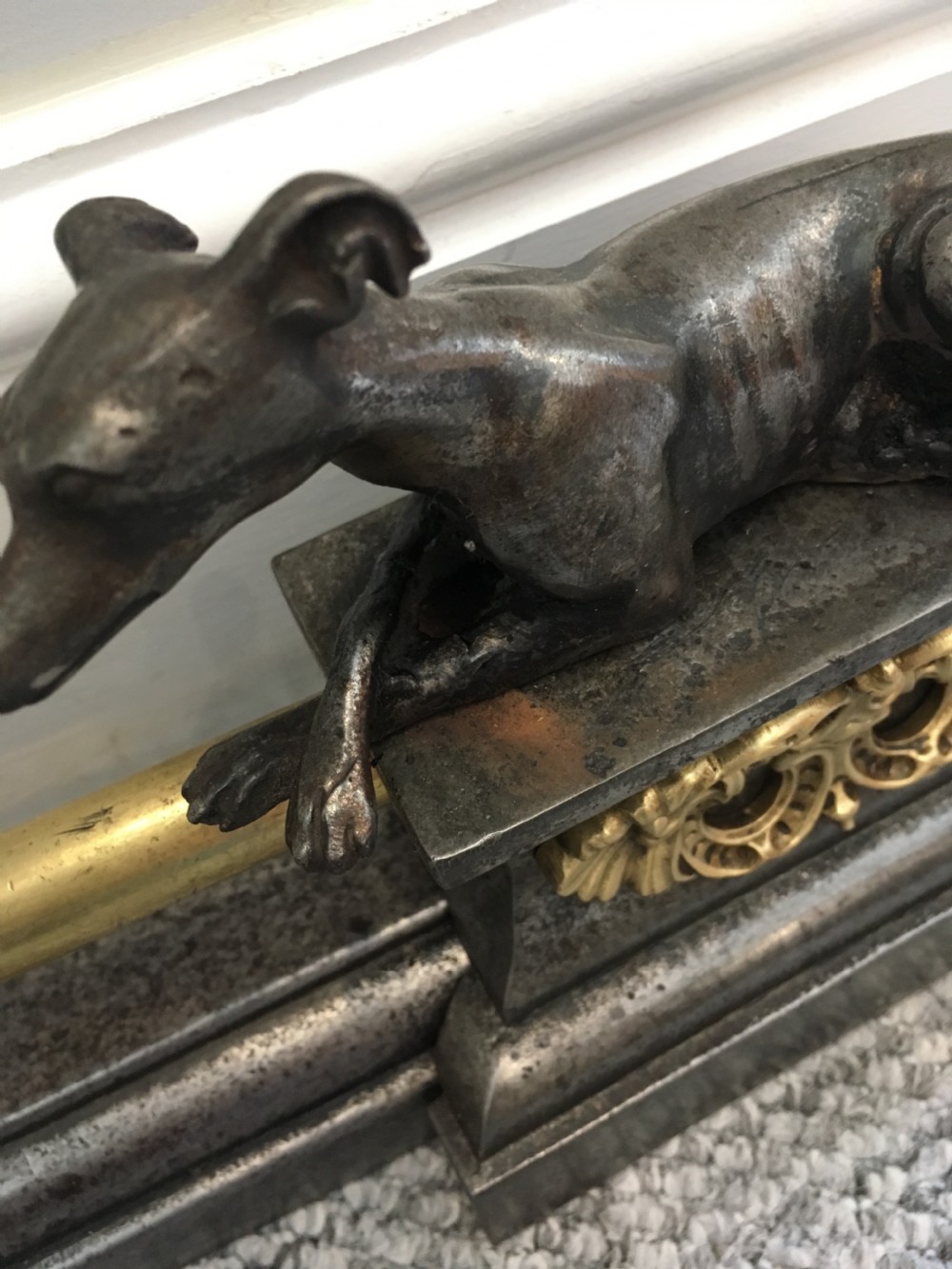 Antique Iron and Brass Extending Fire Fender with Greyhound Mounts View VIII