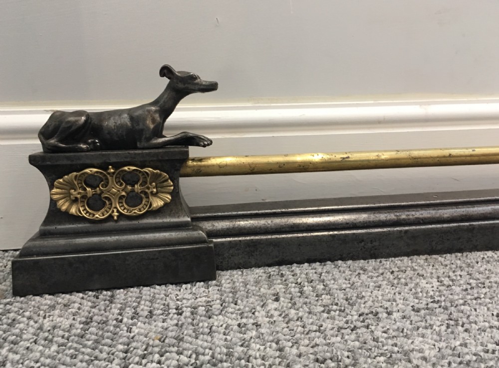 Antique Iron and Brass Extending Fire Fender with Greyhound Mounts View IX