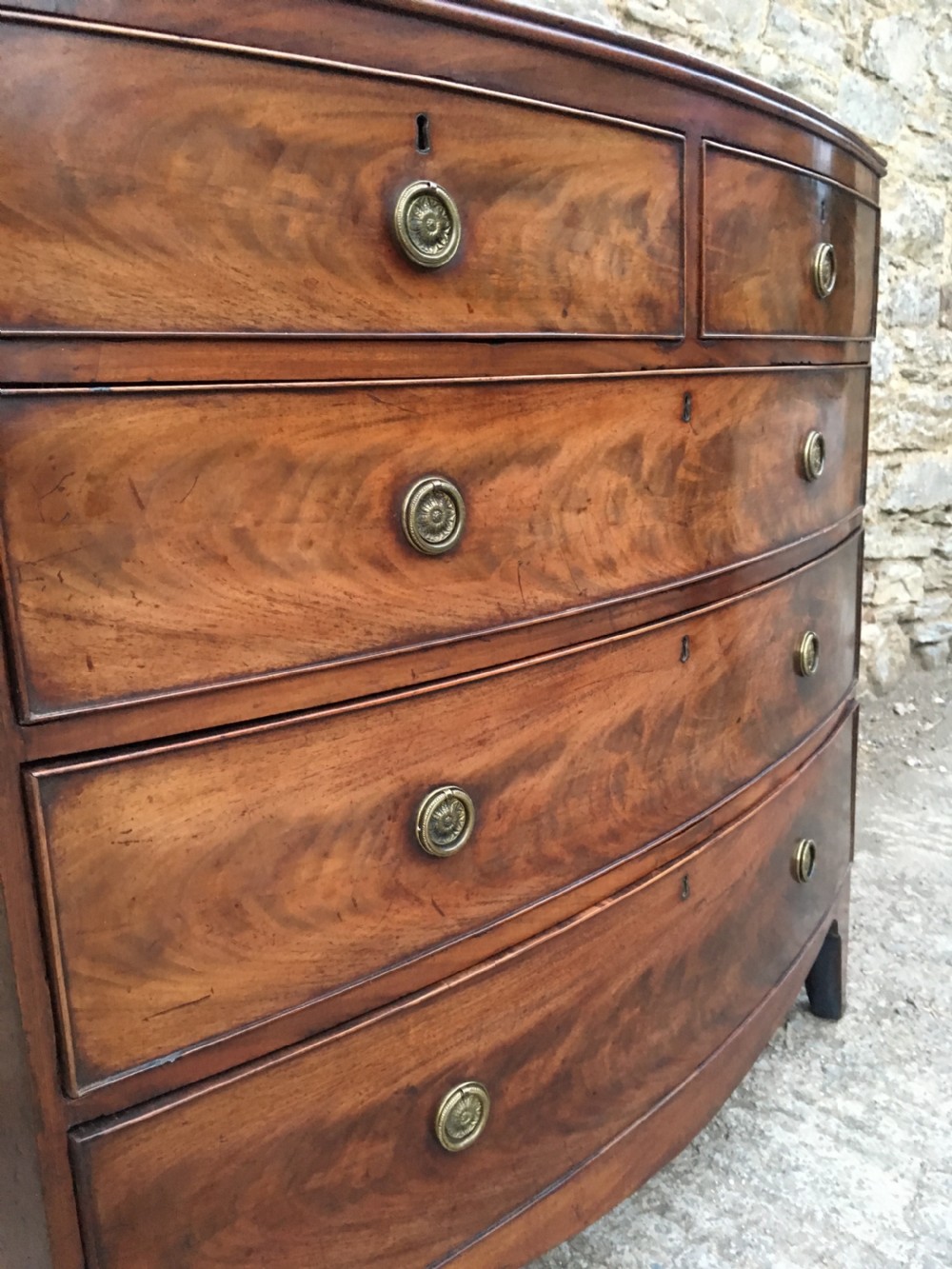 Antique Georgian Flame Mahogany Bow Front Chest of Drawers View VIII