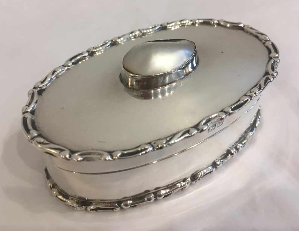 Antique 1908 Sterling Silver Snuff or Pill Box with Pearl Cabochon  View IV