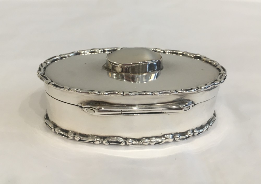 Antique 1908 Sterling Silver Snuff or Pill Box with Pearl Cabochon  View V