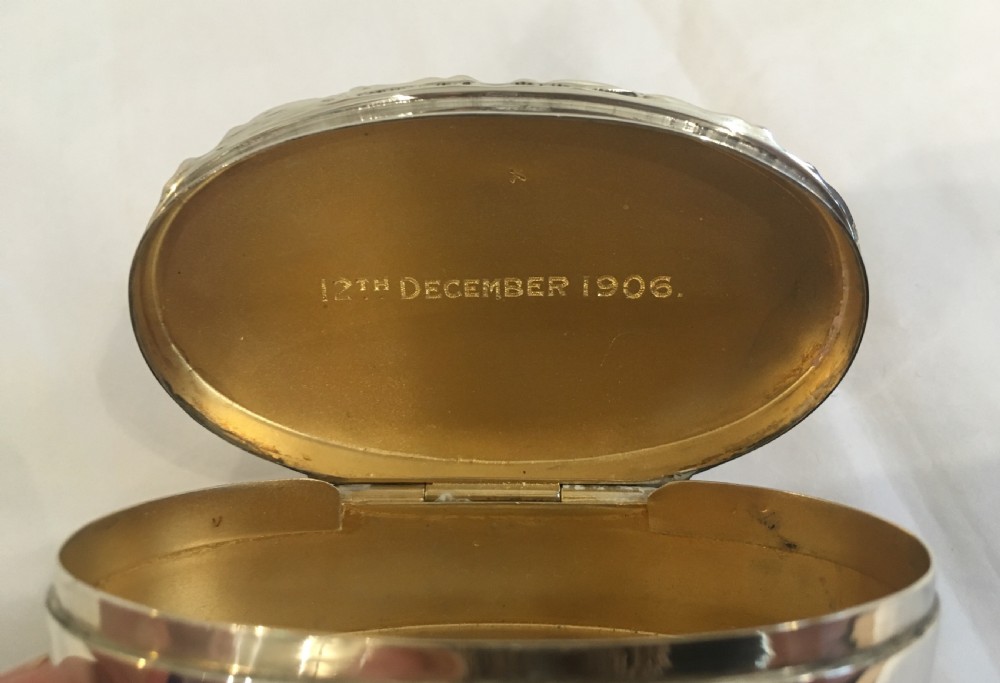 Antique 1908 Sterling Silver Snuff or Pill Box with Pearl Cabochon  View X