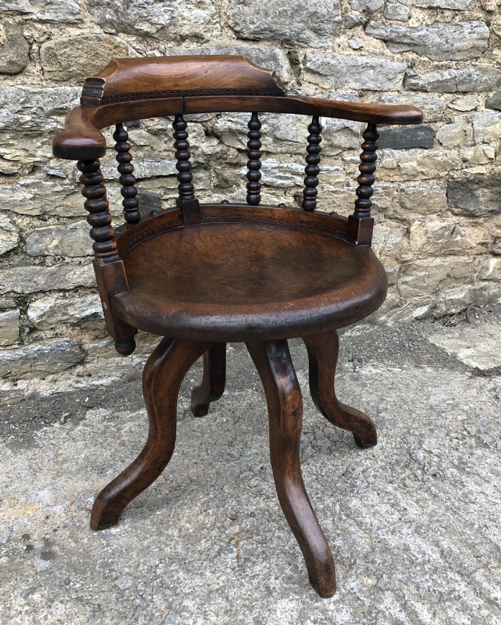 Antique Victorian Oak Bobbin Turned Swivel Desk Chair 