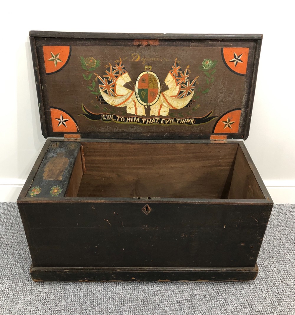 Antique Teak Seamans Chest with Painted Decoration