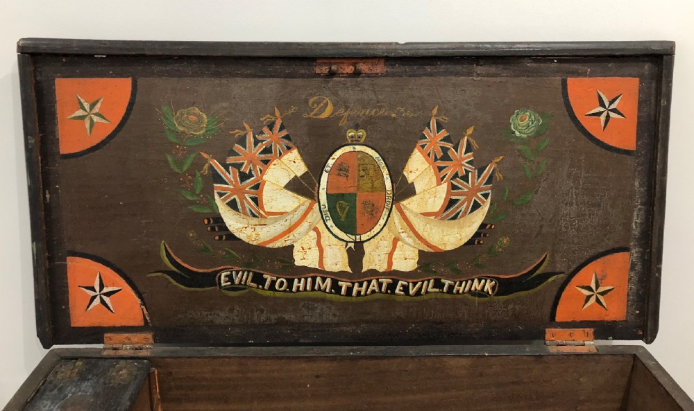 Antique Teak Seamans Chest with Painted Decoration View II