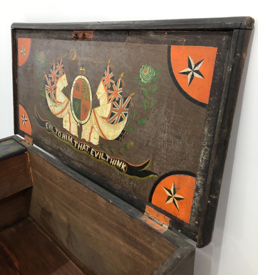 Antique Teak Seamans Chest with Painted Decoration View IV