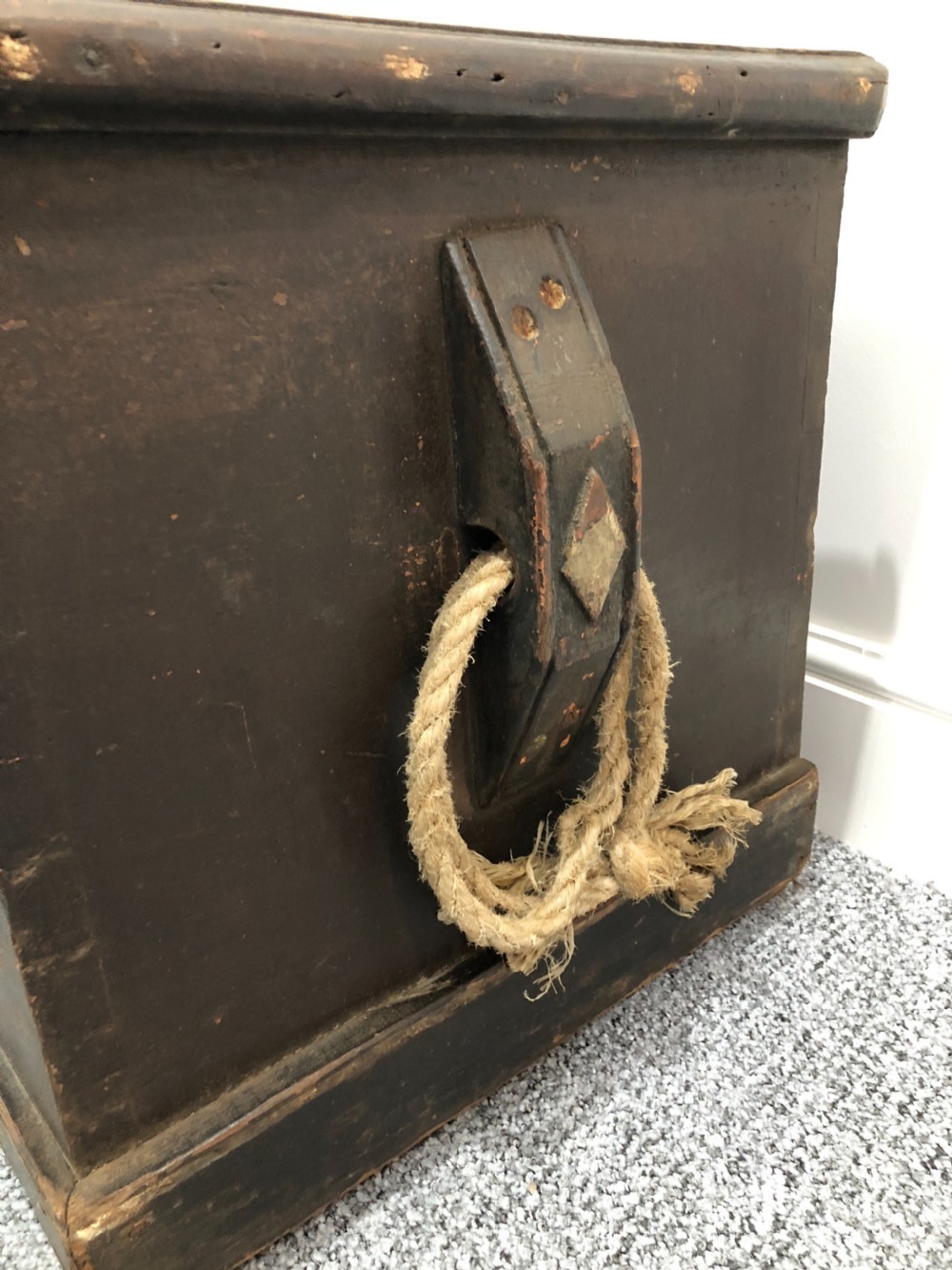 Antique Teak Seamans Chest with Painted Decoration View IX