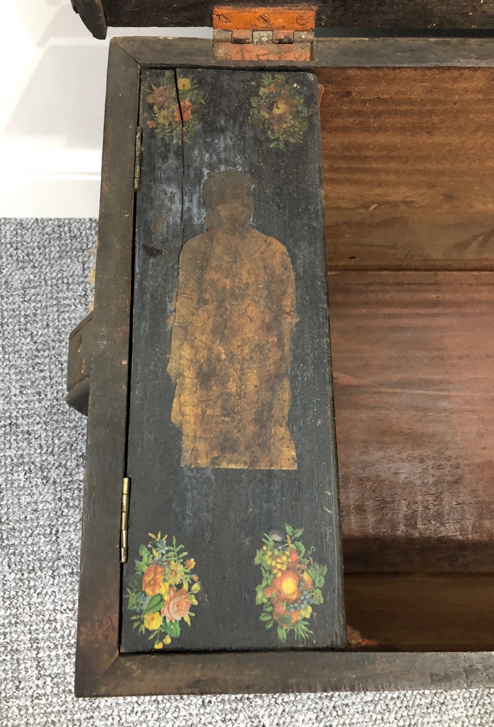 Antique Teak Seamans Chest with Painted Decoration View XIV