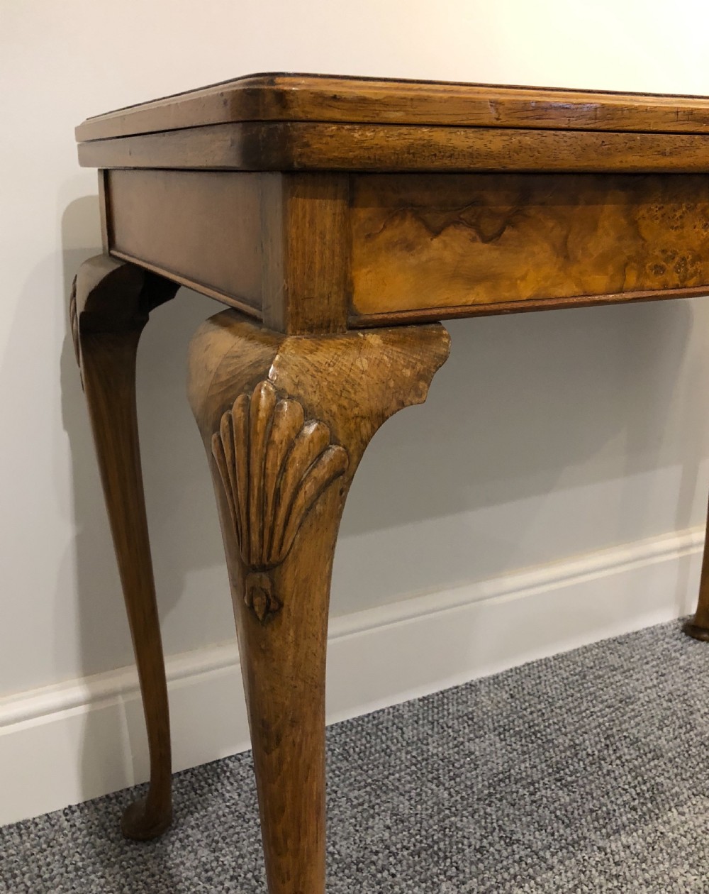 Edwardian Queen Anne Style Burr Walnut Card Table  View III