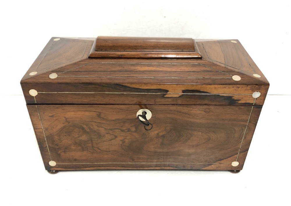 Antique Georgian Rosewood and Mother of Pearl Inlaid Tea Caddy View III