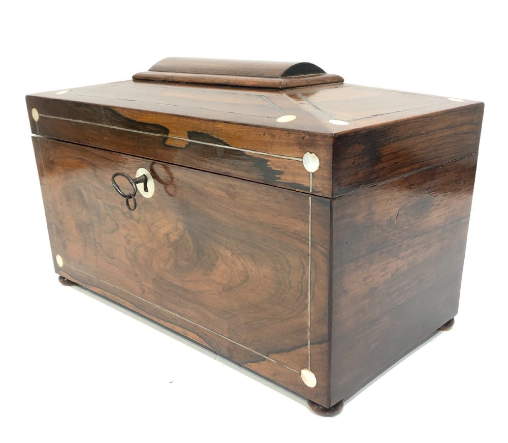 Antique Georgian Rosewood and Mother of Pearl Inlaid Tea Caddy View IV