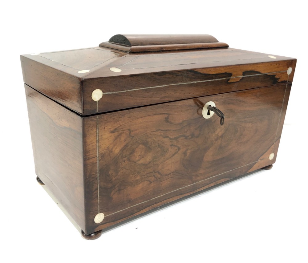 Antique Georgian Rosewood and Mother of Pearl Inlaid Tea Caddy View VI