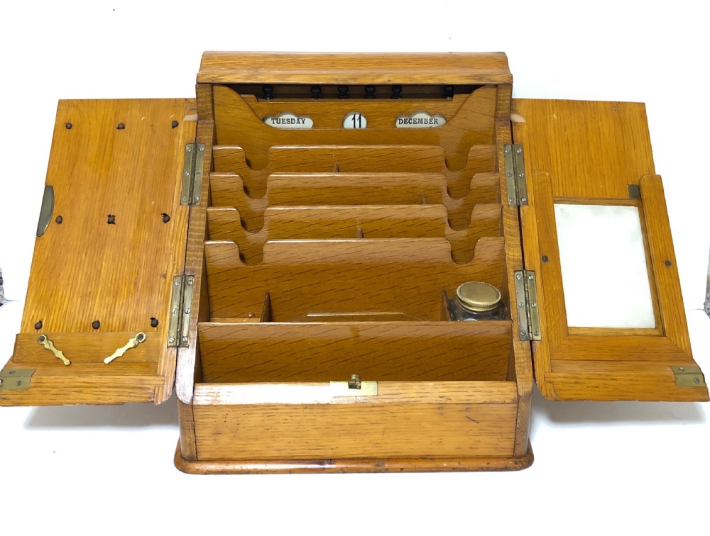 Antique Edwardian Oak Desktop Stationery Cabinet with Calendar