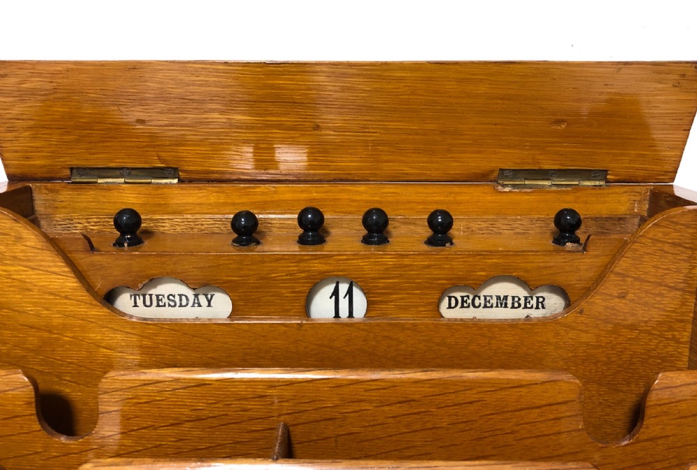 Antique Edwardian Oak Desktop Stationery Cabinet with Calendar View III