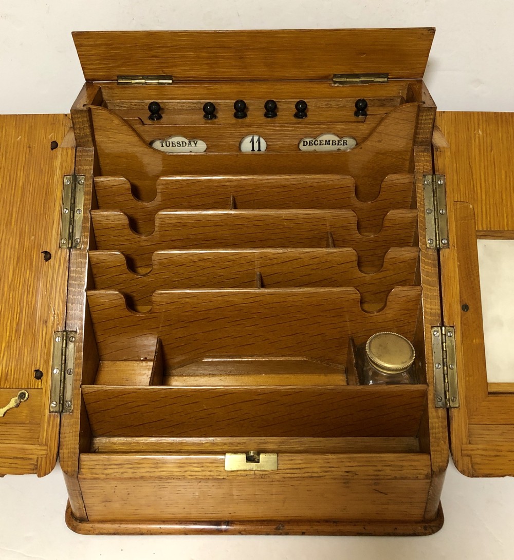 Antique Edwardian Oak Desktop Stationery Cabinet with Calendar View IV