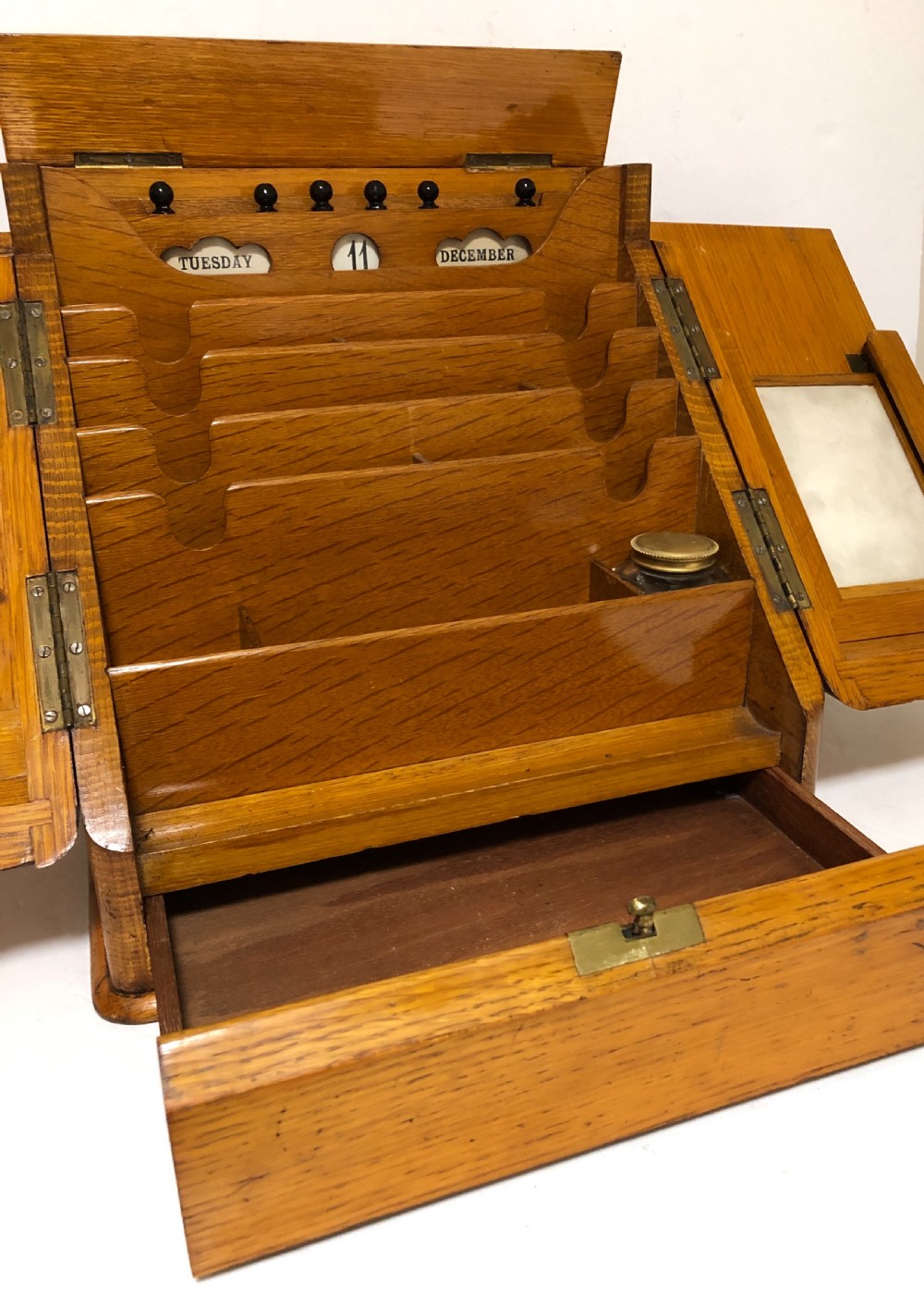 Antique Edwardian Oak Desktop Stationery Cabinet with Calendar View V