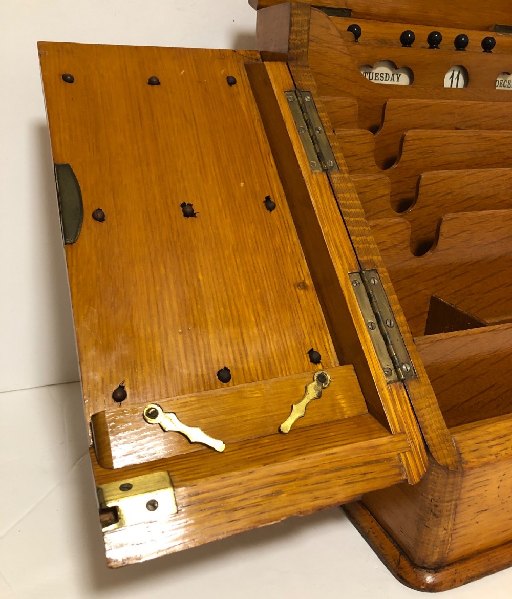 Antique Edwardian Oak Desktop Stationery Cabinet with Calendar View VI