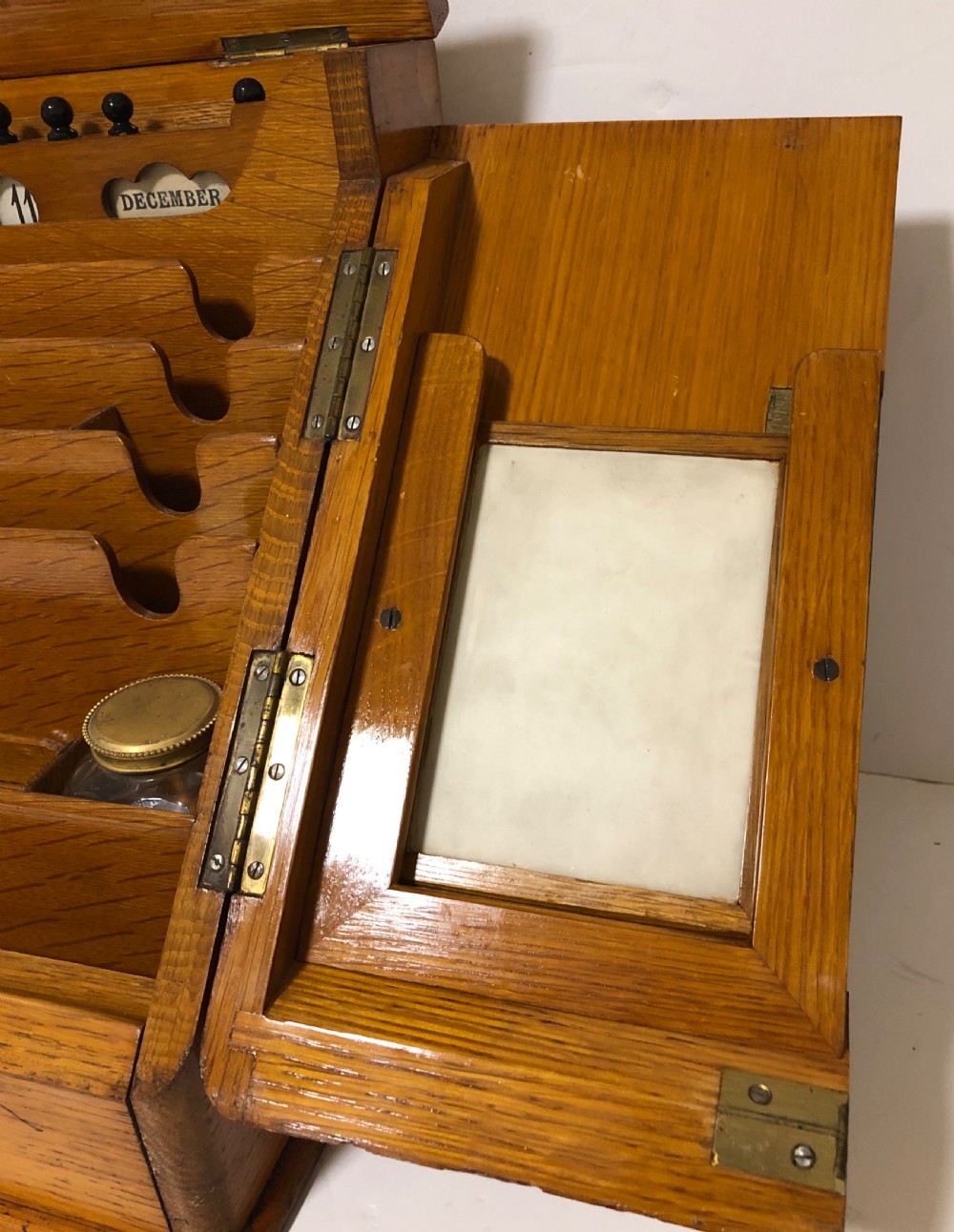 Antique Edwardian Oak Desktop Stationery Cabinet with Calendar View VII