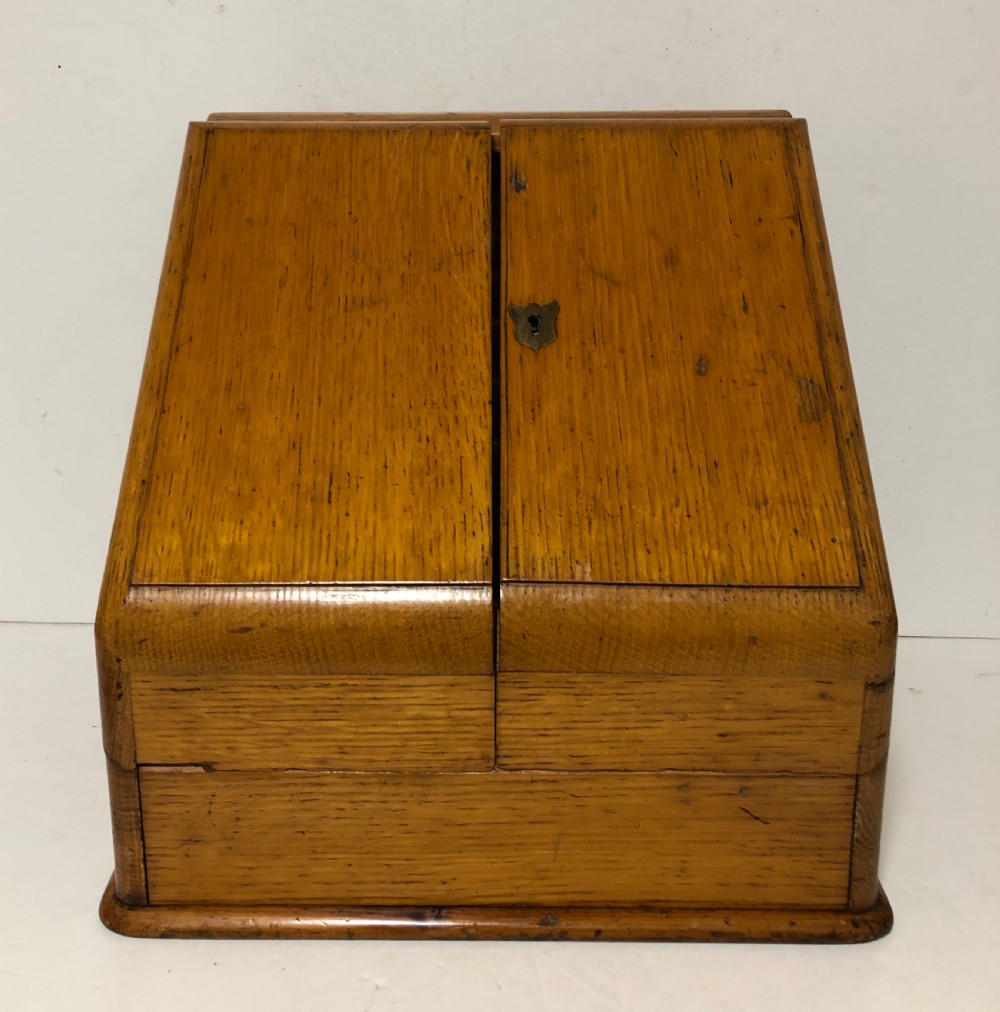 Antique Edwardian Oak Desktop Stationery Cabinet with Calendar View VIII