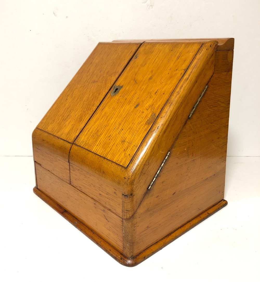 Antique Edwardian Oak Desktop Stationery Cabinet with Calendar View XII