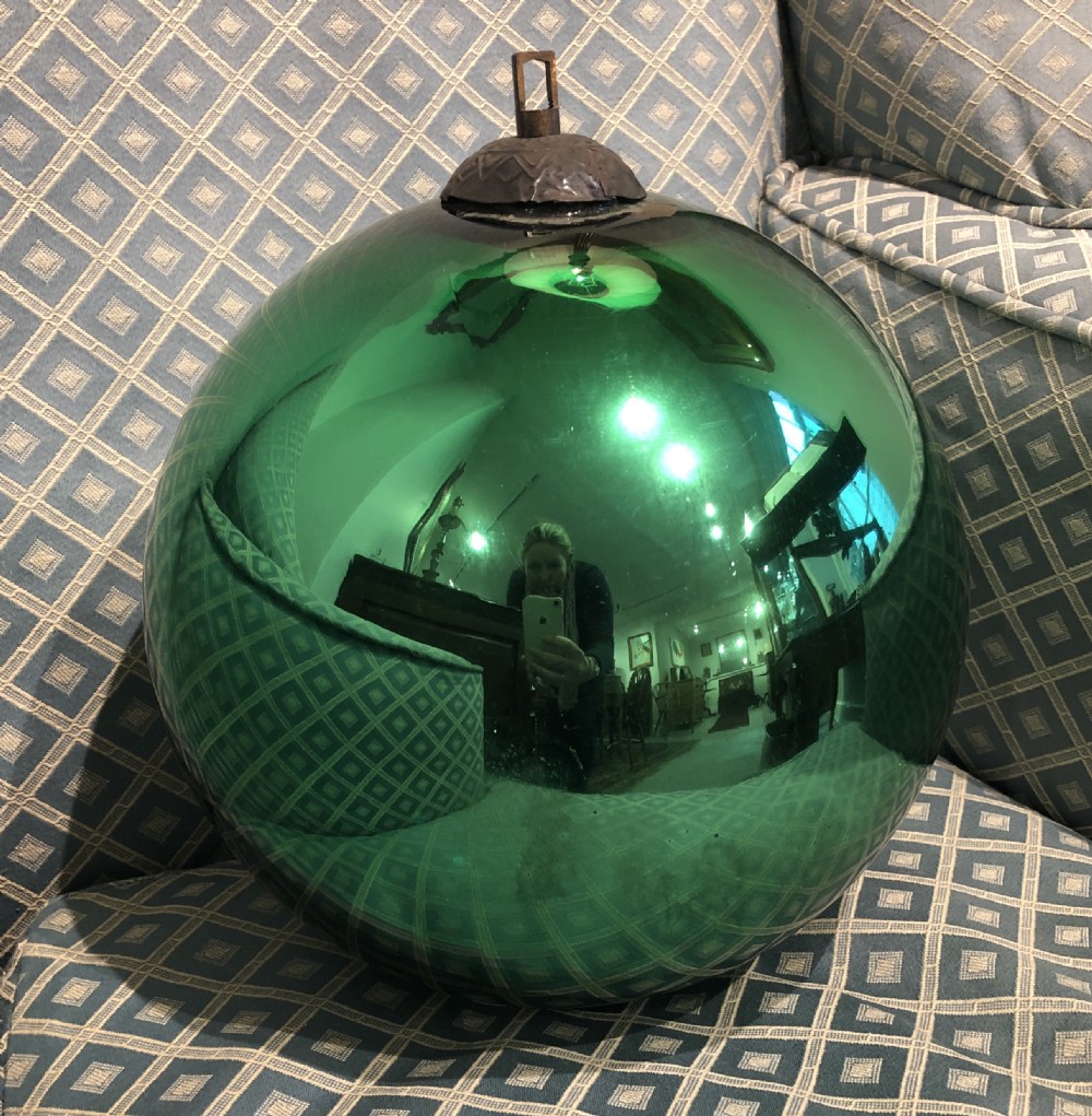 Large Antique Victorian Mirrored Green Glass Witches Ball View III