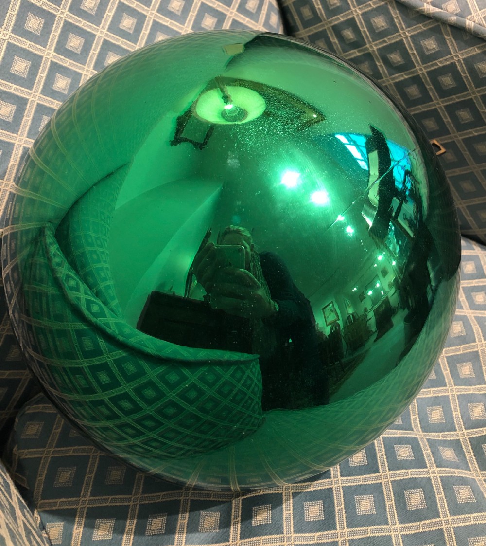 Large Antique Victorian Mirrored Green Glass Witches Ball View VI