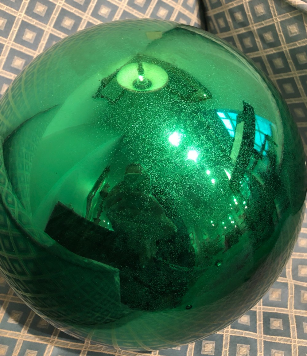 Large Antique Victorian Mirrored Green Glass Witches Ball View VII