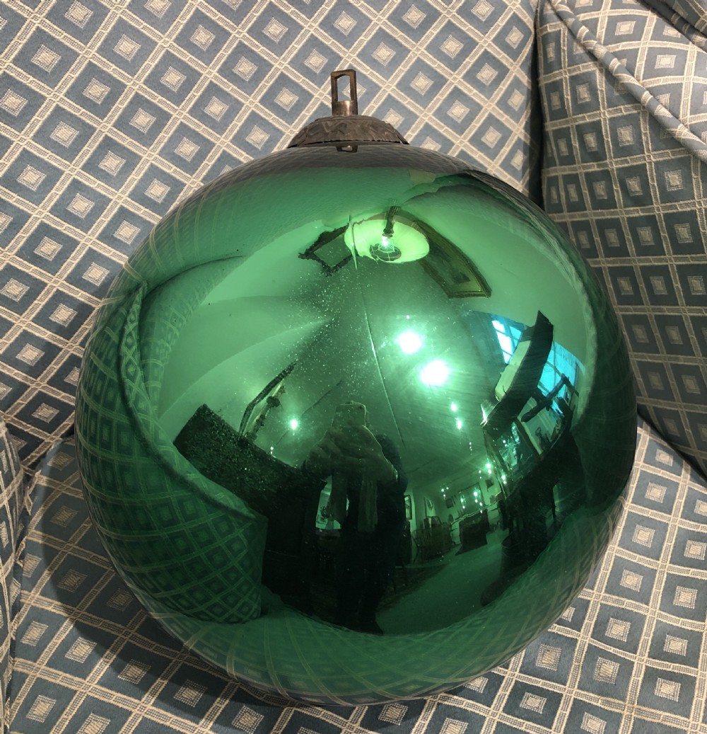 Large Antique Victorian Mirrored Green Glass Witches Ball View VIII