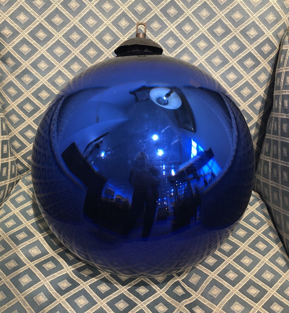 Large Antique Victorian Mirrored Blue Glass Witches Ball View IV