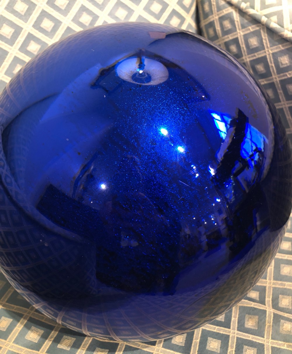 Large Antique Victorian Mirrored Blue Glass Witches Ball View VI