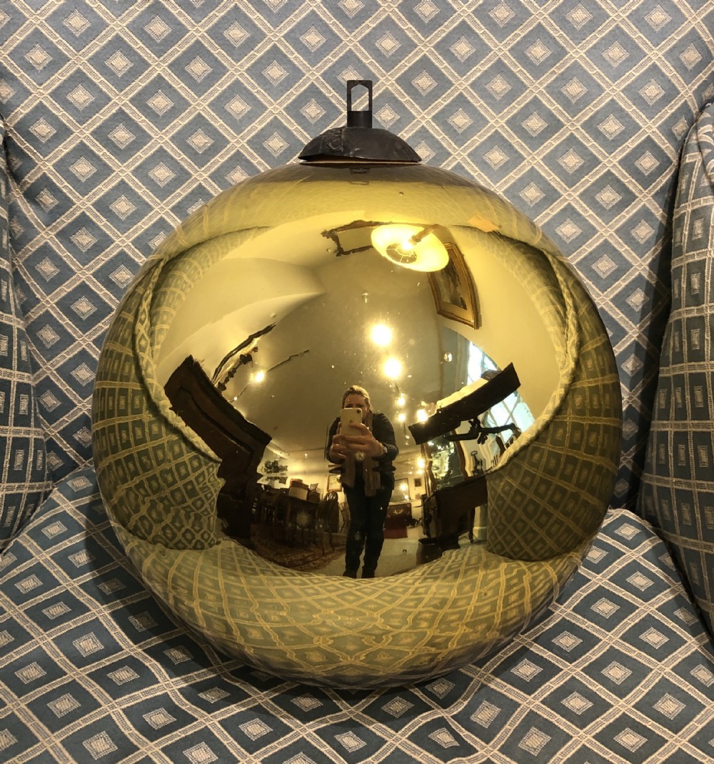 Large Antique Victorian Mirrored Gold Glass Witches Ball
