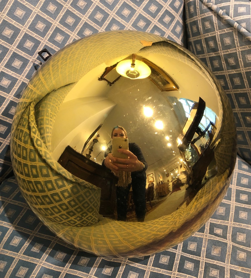 Large Antique Victorian Mirrored Gold Glass Witches Ball View VI