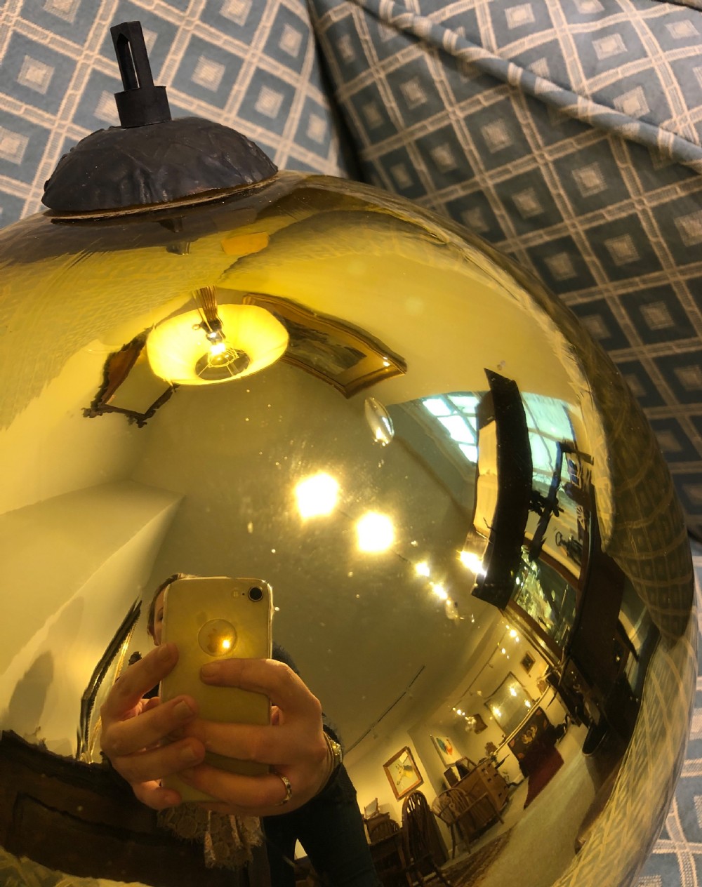 Large Antique Victorian Mirrored Gold Glass Witches Ball View VII