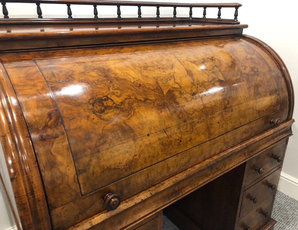Antique Victorian Burr Walnut Roll Top Desk View V