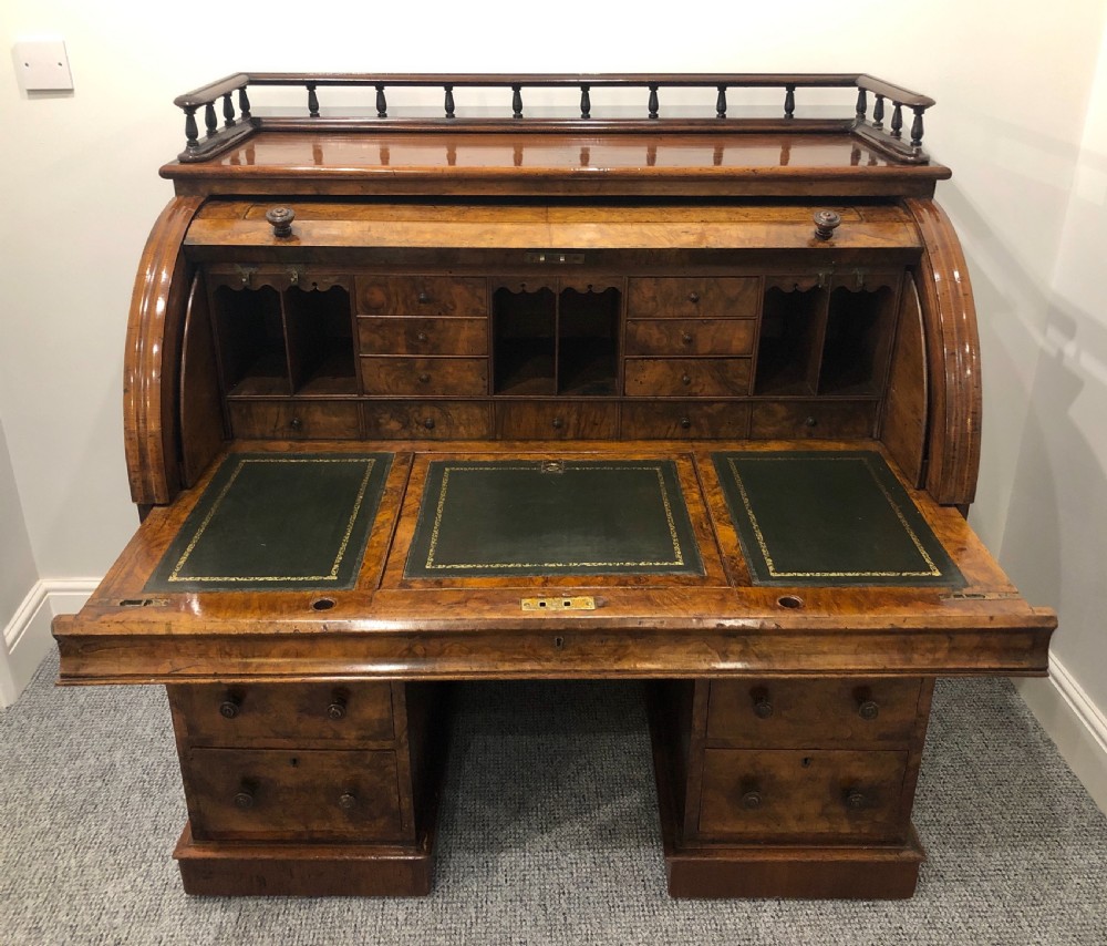 Antique Victorian Burr Walnut Roll Top Desk View X
