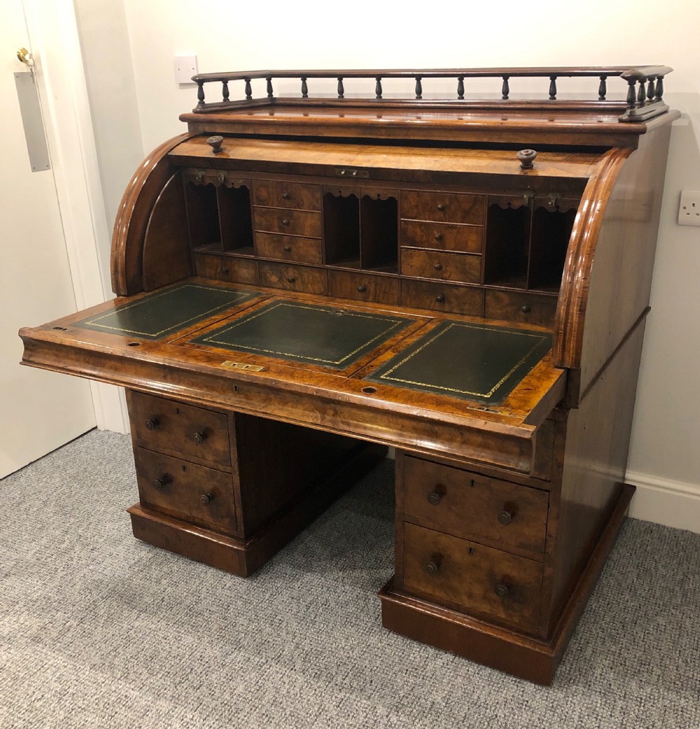 Antique Victorian Burr Walnut Roll Top Desk View XI