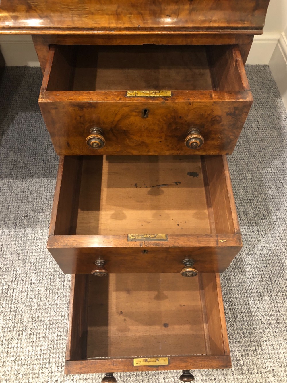 Antique Victorian Burr Walnut Roll Top Desk View XVI