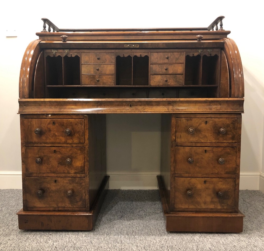 Antique Victorian Burr Walnut Roll Top Desk View XX
