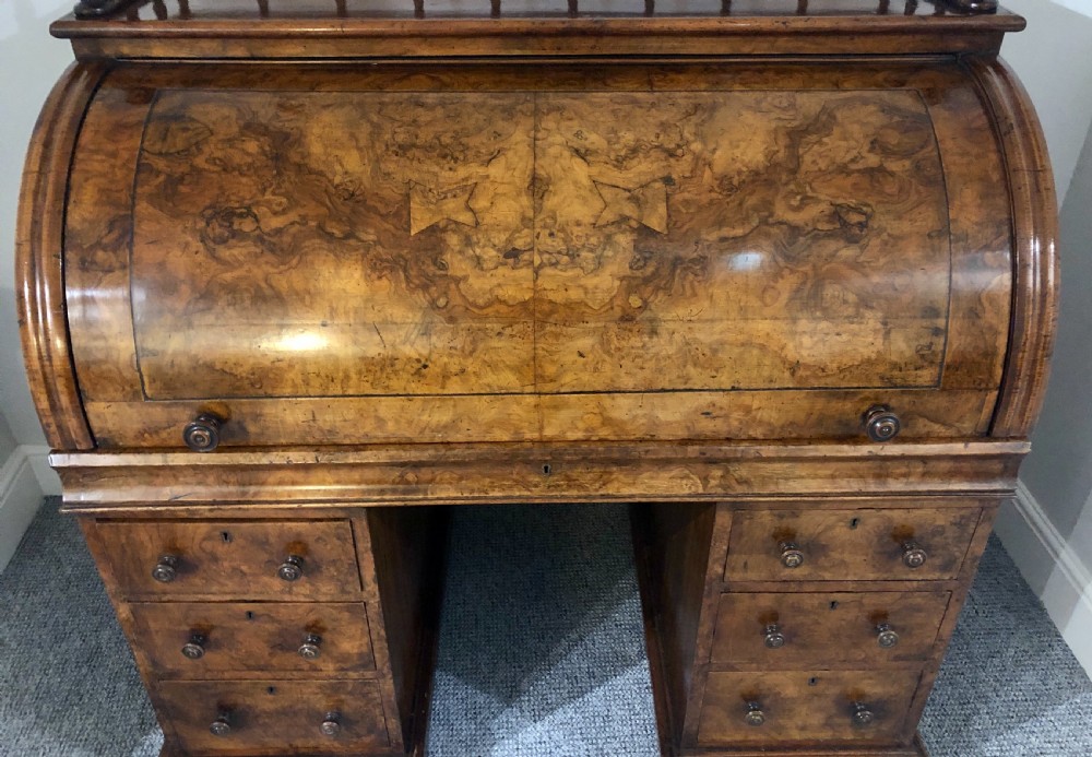 Antique Victorian Burr Walnut Roll Top Desk View XXI