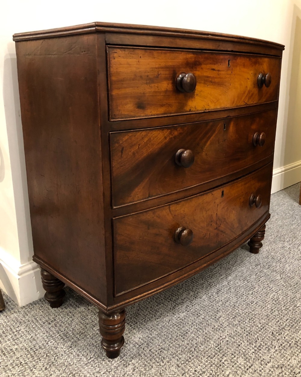 Small Georgian Flame Mahogany Bow Front Chest of Drawers View VIII