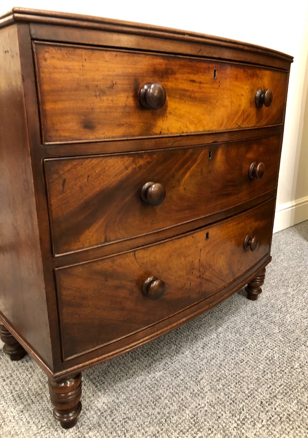 Small Georgian Flame Mahogany Bow Front Chest of Drawers View X