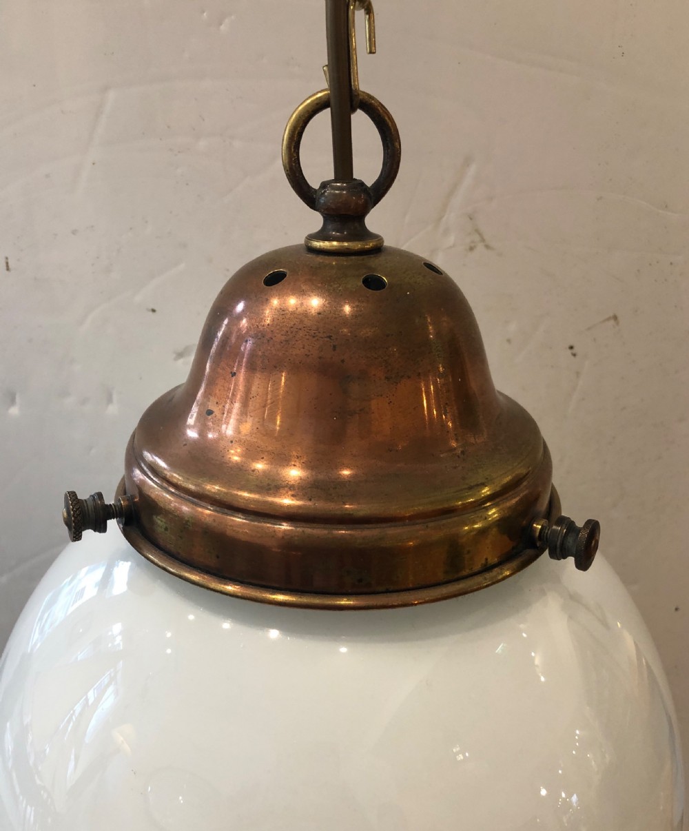 Antique Opaline Glass Globe Pendant Light with Copper Gallery View III