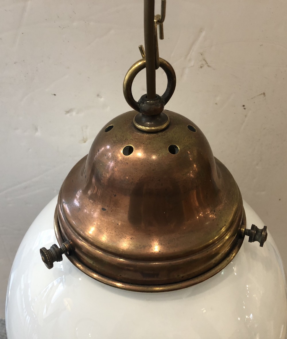 Antique Opaline Glass Globe Pendant Light with Copper Gallery View IV