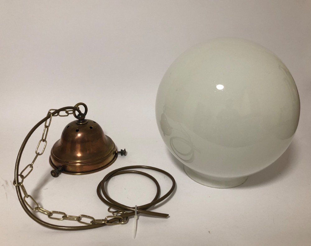 Antique Opaline Glass Globe Pendant Light with Copper Gallery View V