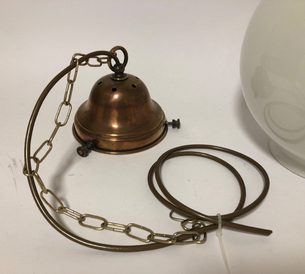 Antique Opaline Glass Globe Pendant Light with Copper Gallery View VI