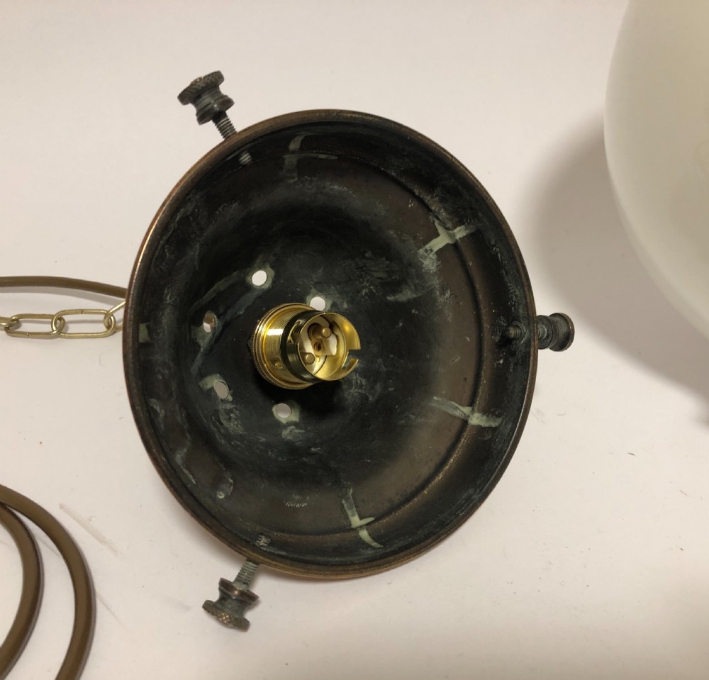 Antique Opaline Glass Globe Pendant Light with Copper Gallery View VIII