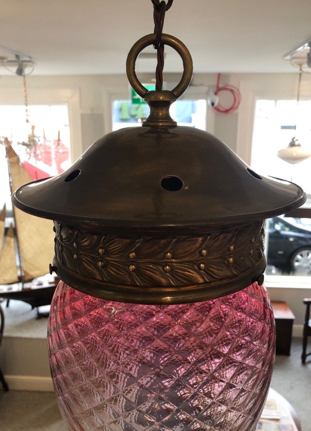 Antique Victorian Cranberry Glass Hall Lantern  View V